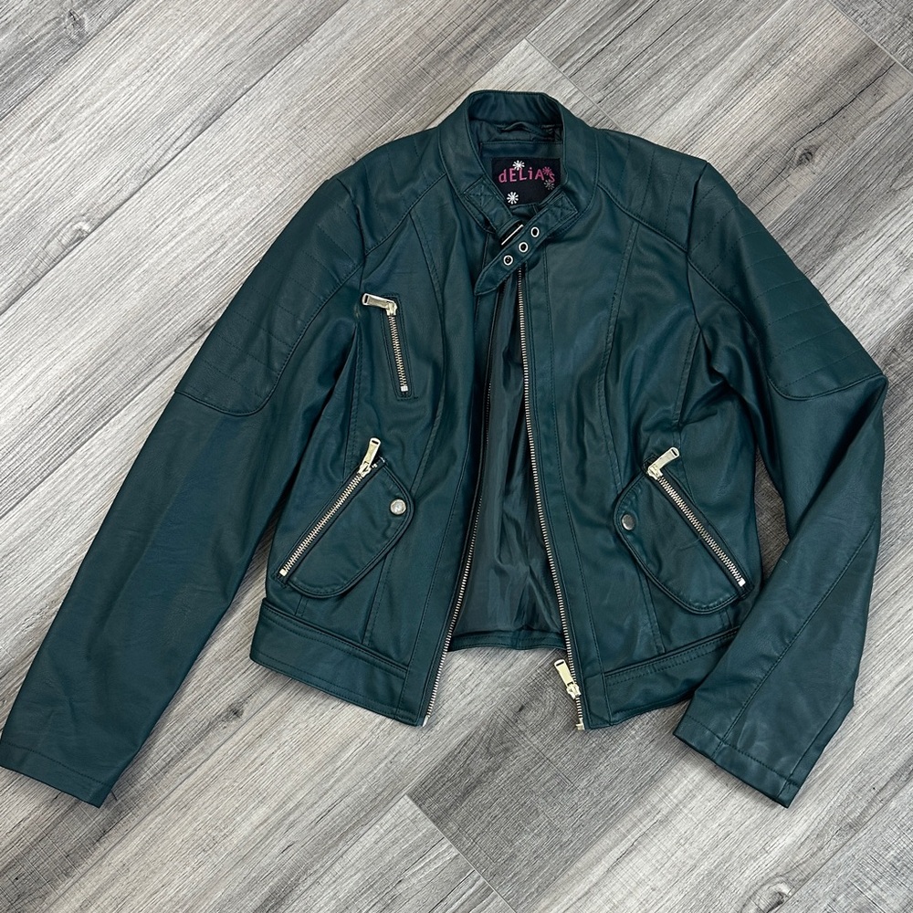 dELiA*s Teal Leather Jacket with Zipper Accents